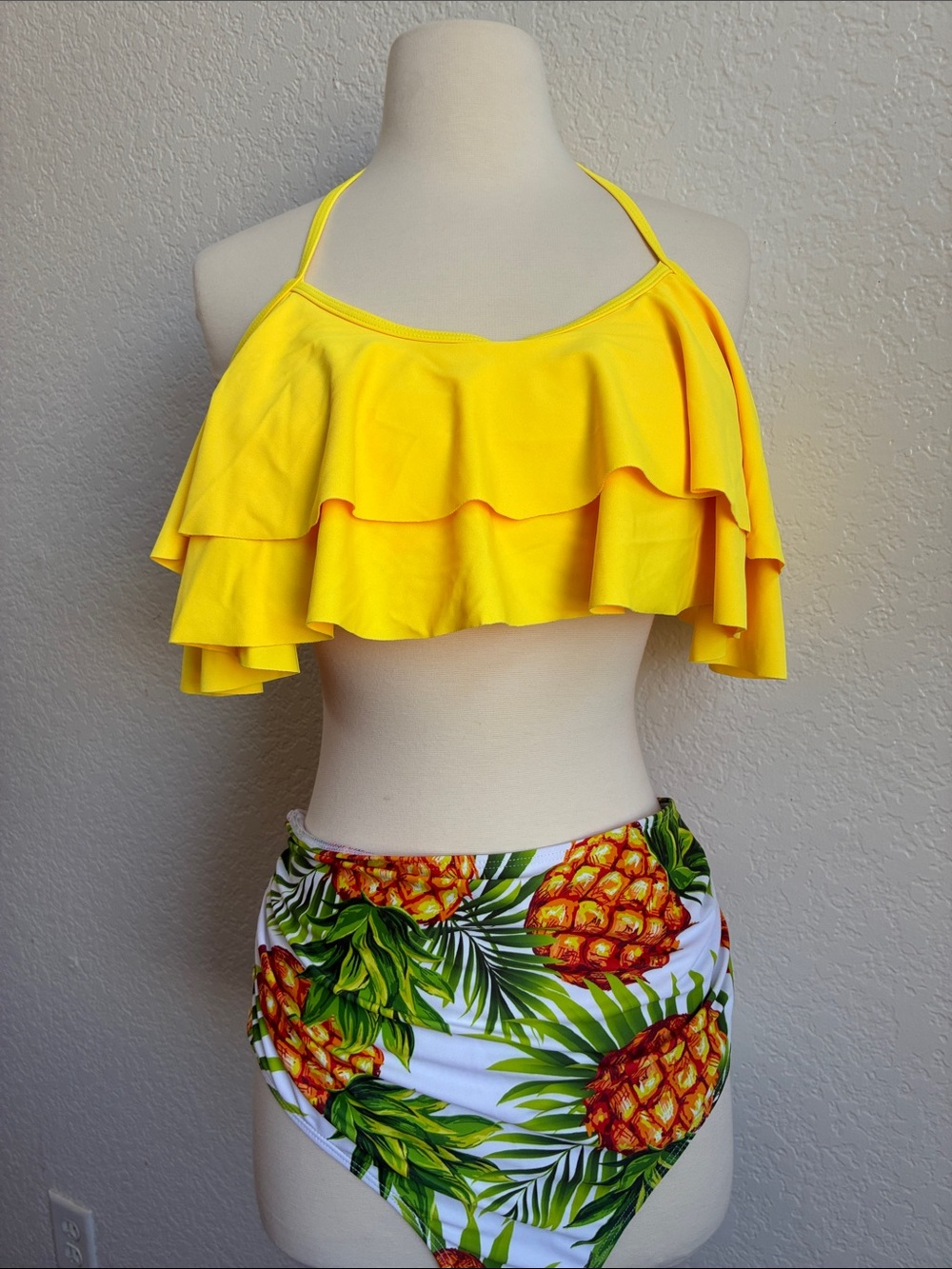 Yellow Ruffle Bikini Top with Pineapple-Print High Waist Bottoms